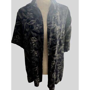 Tasso Elba Mens Large Navy Floral Print Short Sleeve Silk & Linen Blend Button-U